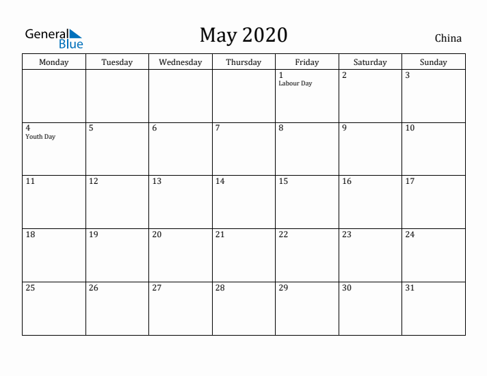 May 2020 Calendar China