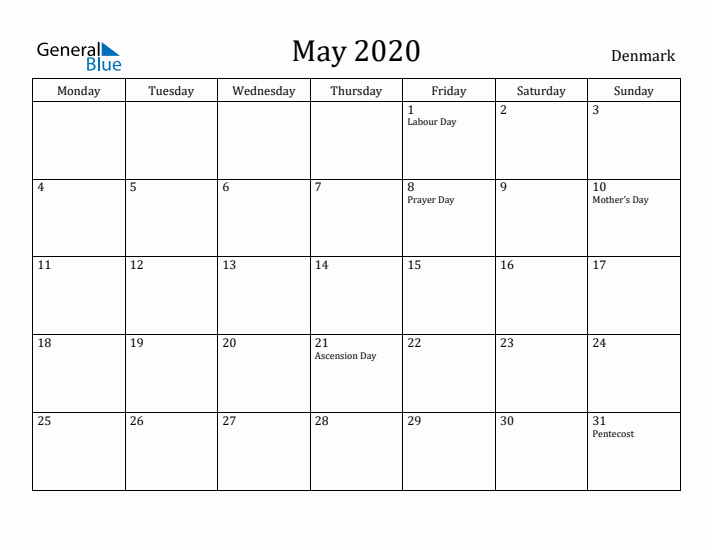 May 2020 Calendar Denmark