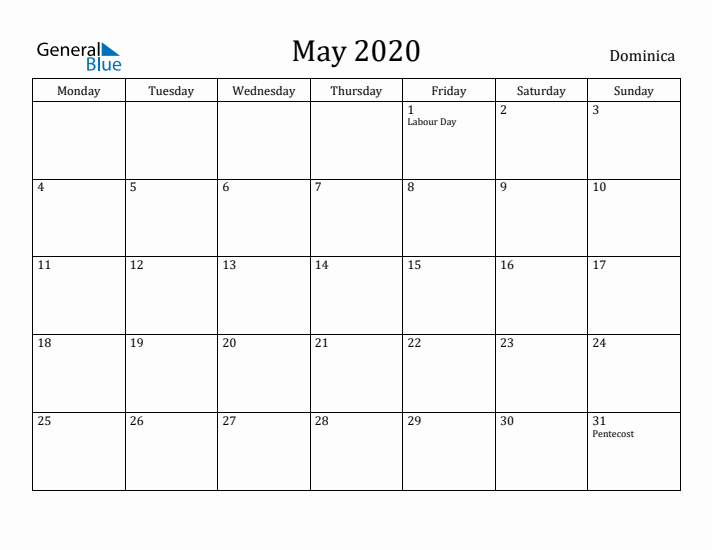 May 2020 Calendar Dominica