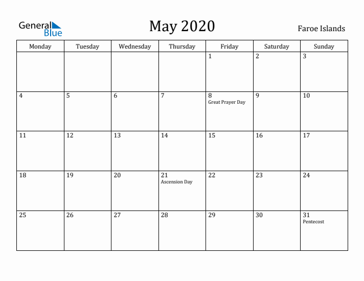 May 2020 Calendar Faroe Islands