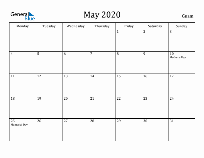 May 2020 Calendar Guam