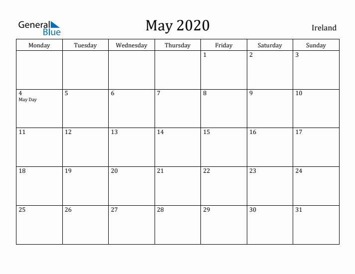 May 2020 Calendar Ireland