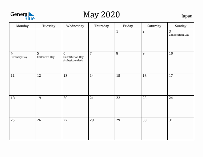 May 2020 Calendar Japan