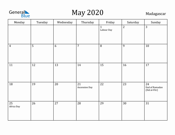 May 2020 Calendar Madagascar