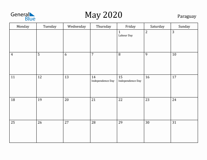 May 2020 Calendar Paraguay