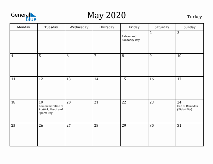 May 2020 Calendar Turkey