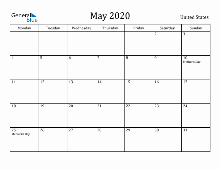 May 2020 Calendar United States