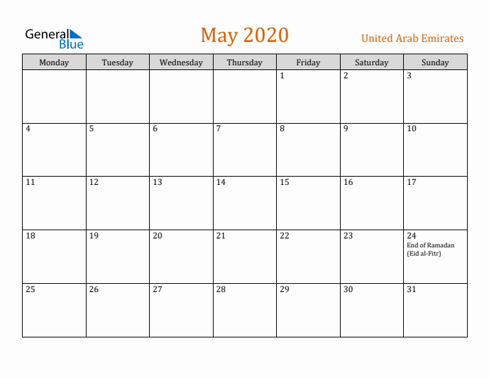 May 2020 Holiday Calendar with Monday Start