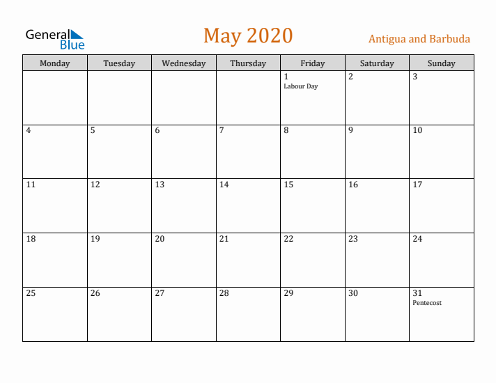 May 2020 Holiday Calendar with Monday Start