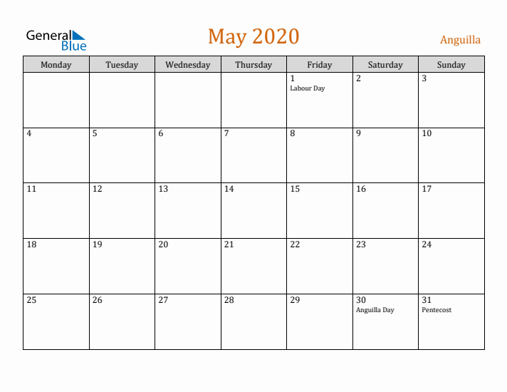 May 2020 Holiday Calendar with Monday Start