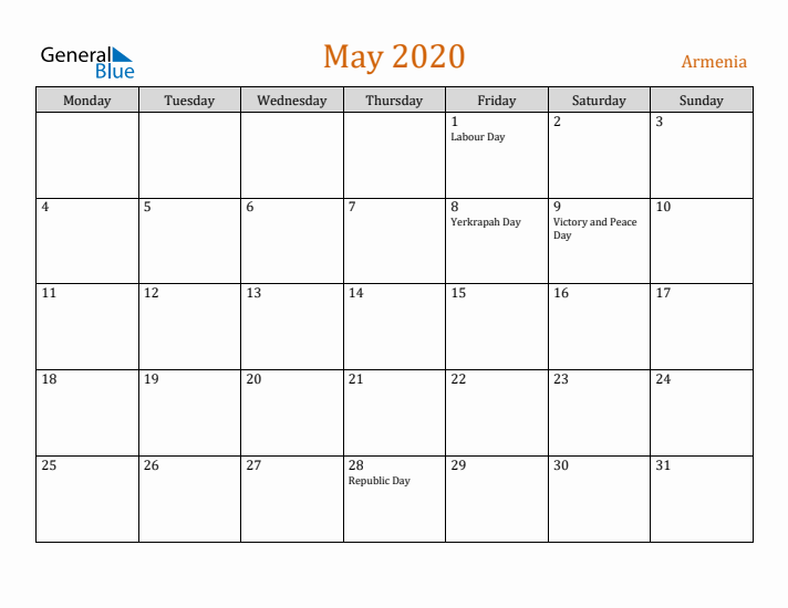 May 2020 Holiday Calendar with Monday Start