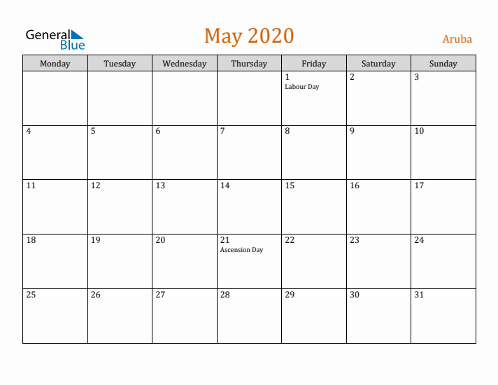 May 2020 Holiday Calendar with Monday Start