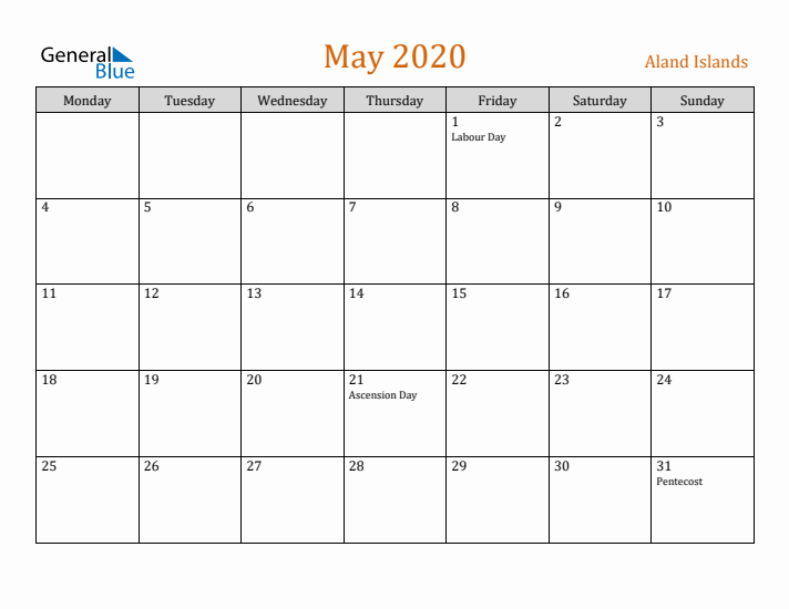 May 2020 Holiday Calendar with Monday Start