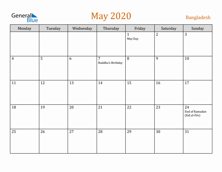 May 2020 Holiday Calendar with Monday Start