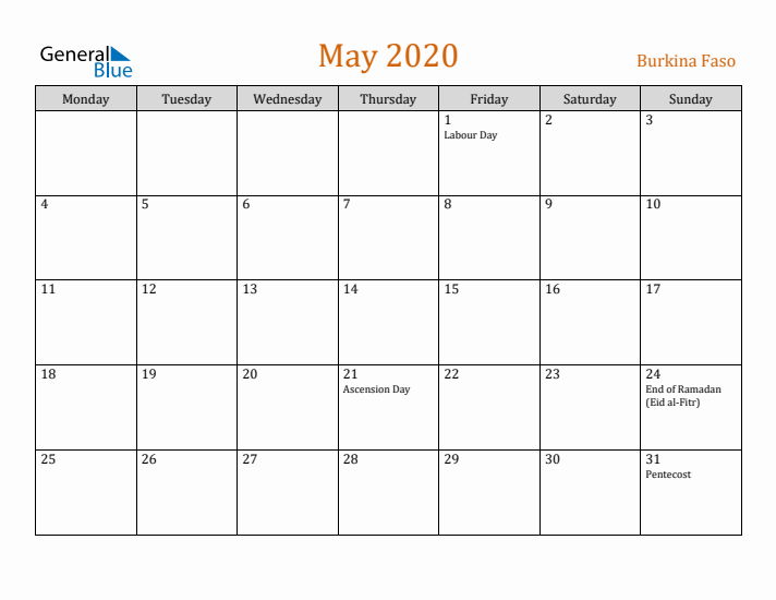 May 2020 Holiday Calendar with Monday Start