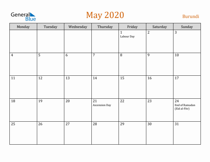 May 2020 Holiday Calendar with Monday Start