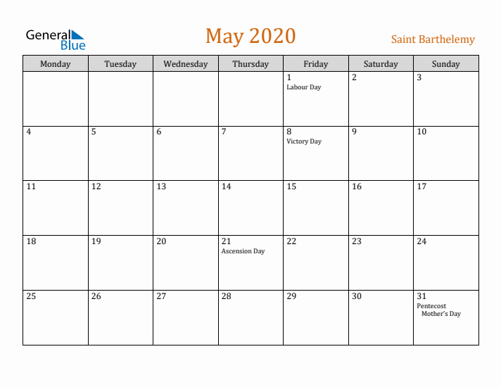 May 2020 Holiday Calendar with Monday Start