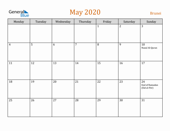 May 2020 Holiday Calendar with Monday Start