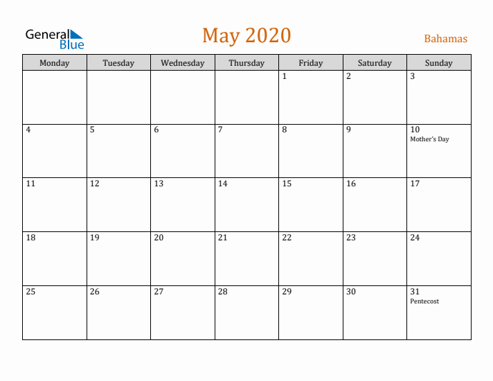 May 2020 Holiday Calendar with Monday Start