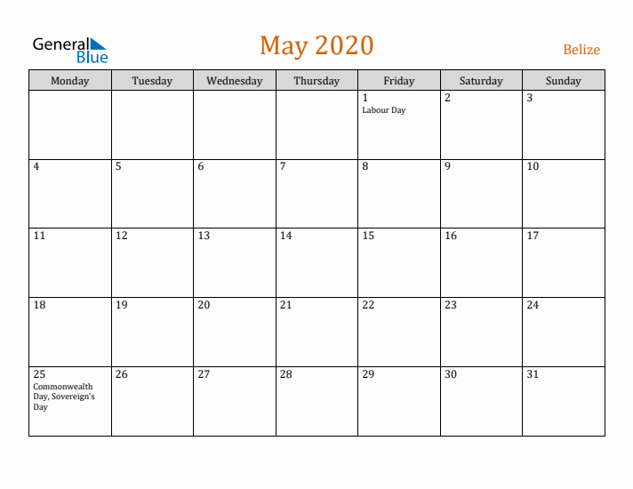 May 2020 Holiday Calendar with Monday Start