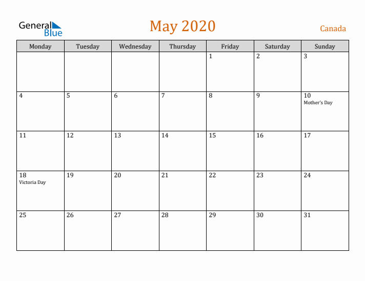 May 2020 Holiday Calendar with Monday Start