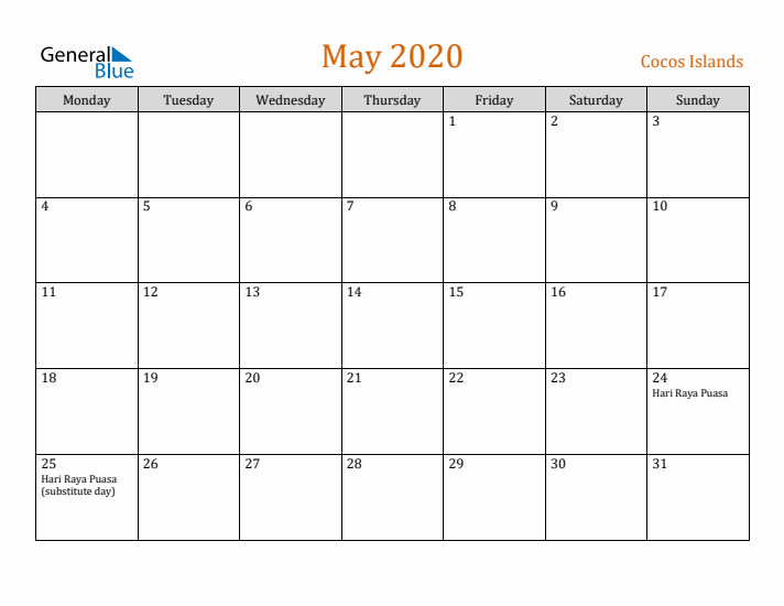 May 2020 Holiday Calendar with Monday Start