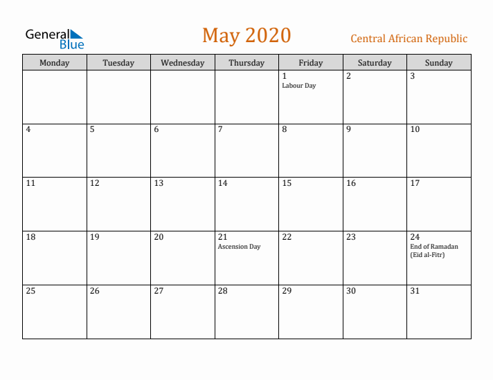 May 2020 Holiday Calendar with Monday Start