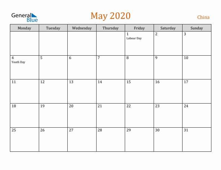 May 2020 Holiday Calendar with Monday Start