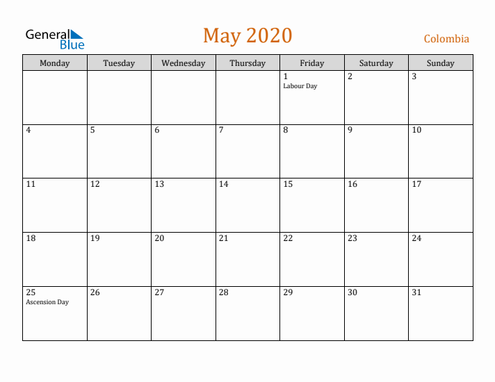 May 2020 Holiday Calendar with Monday Start