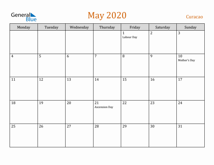 May 2020 Holiday Calendar with Monday Start