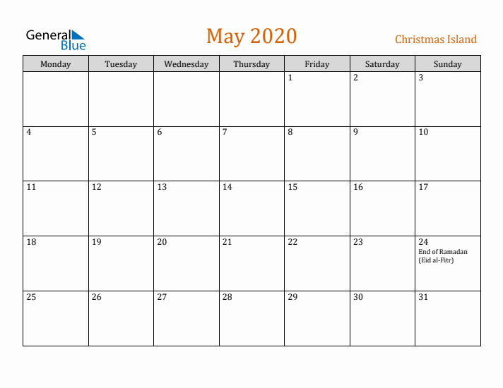 May 2020 Holiday Calendar with Monday Start