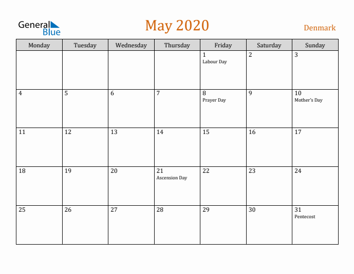 May 2020 Holiday Calendar with Monday Start