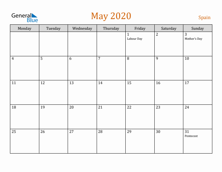 May 2020 Holiday Calendar with Monday Start