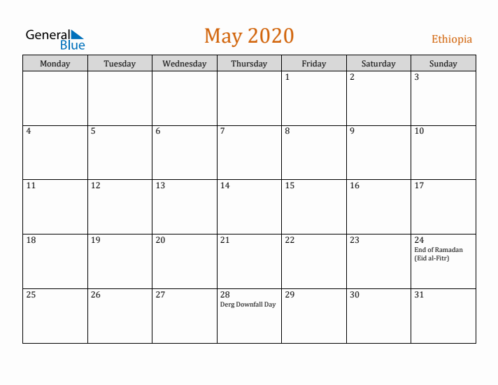 May 2020 Holiday Calendar with Monday Start