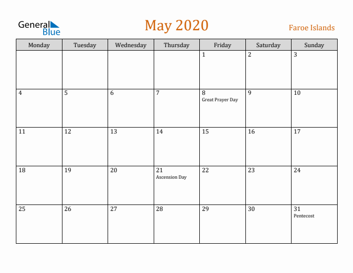 May 2020 Holiday Calendar with Monday Start