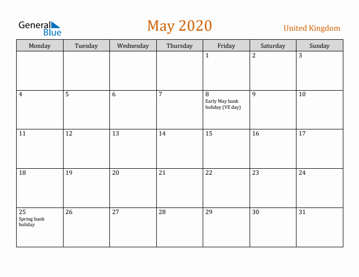 May 2020 Holiday Calendar with Monday Start