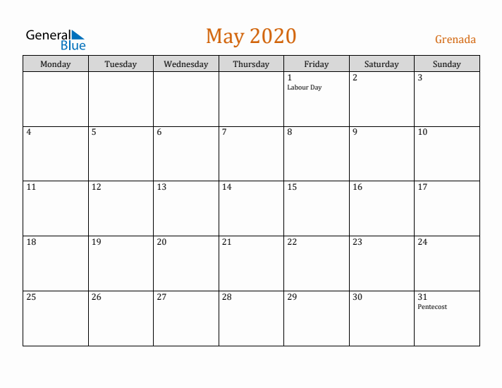 May 2020 Holiday Calendar with Monday Start