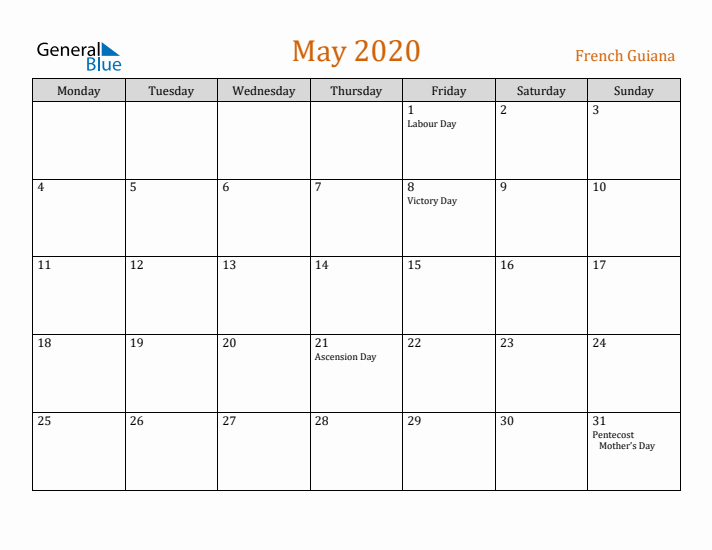 May 2020 Holiday Calendar with Monday Start