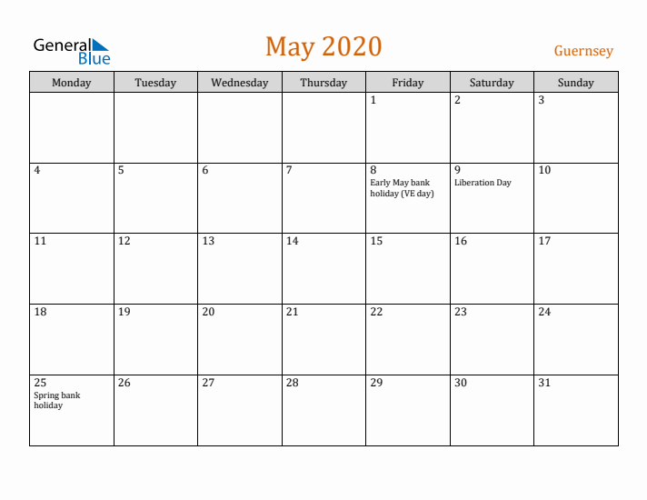 May 2020 Holiday Calendar with Monday Start