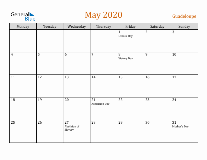 May 2020 Holiday Calendar with Monday Start