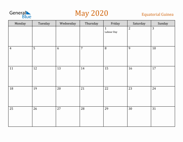 May 2020 Holiday Calendar with Monday Start