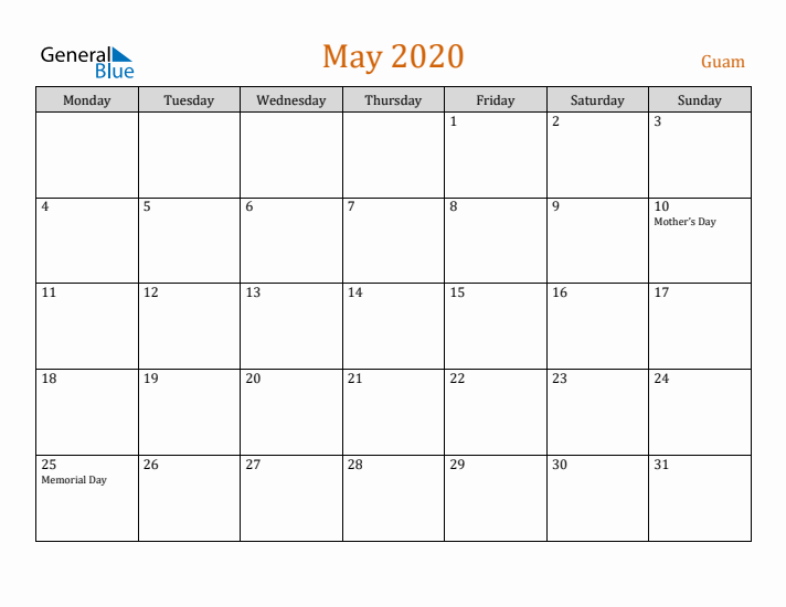 May 2020 Holiday Calendar with Monday Start