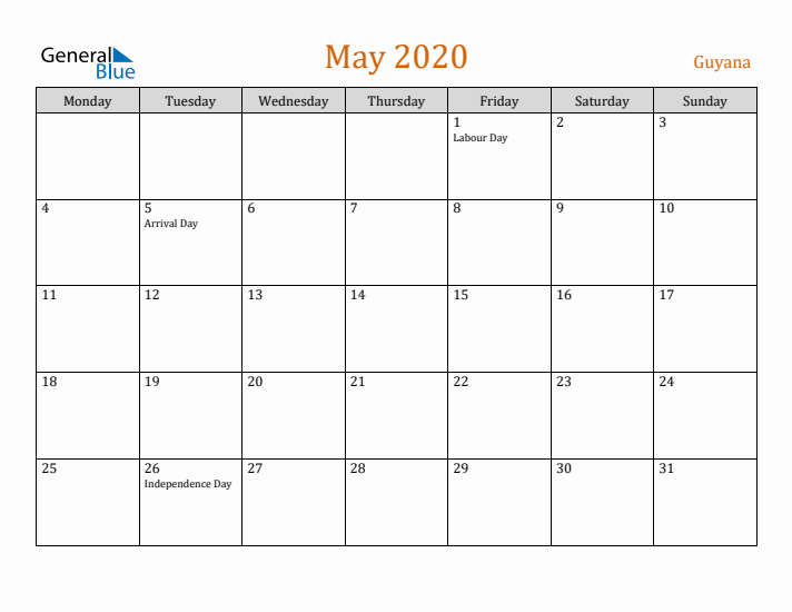 May 2020 Holiday Calendar with Monday Start