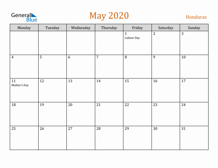 May 2020 Holiday Calendar with Monday Start