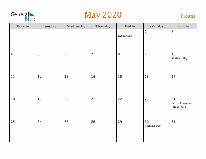 May 2020 Holiday Calendar with Monday Start