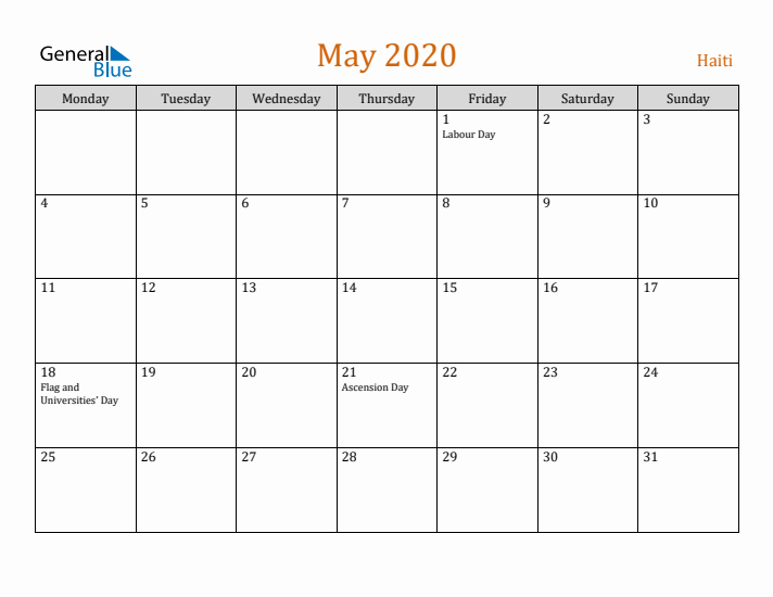 May 2020 Holiday Calendar with Monday Start