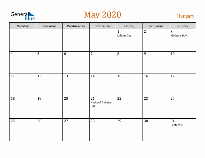 May 2020 Holiday Calendar with Monday Start