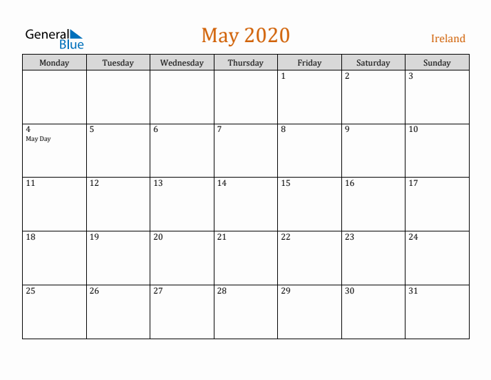 May 2020 Holiday Calendar with Monday Start