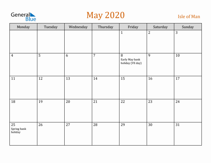 May 2020 Holiday Calendar with Monday Start