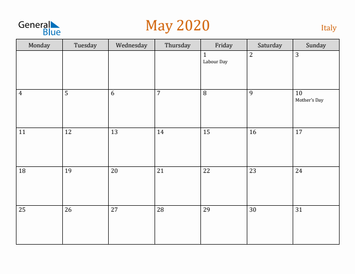 May 2020 Holiday Calendar with Monday Start